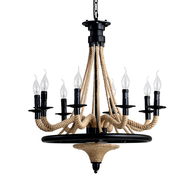 Rope Candle Hanging Chandelier Farmhouse 8 Bulbs Restaurant Pendant Light in Black with Wheel Design