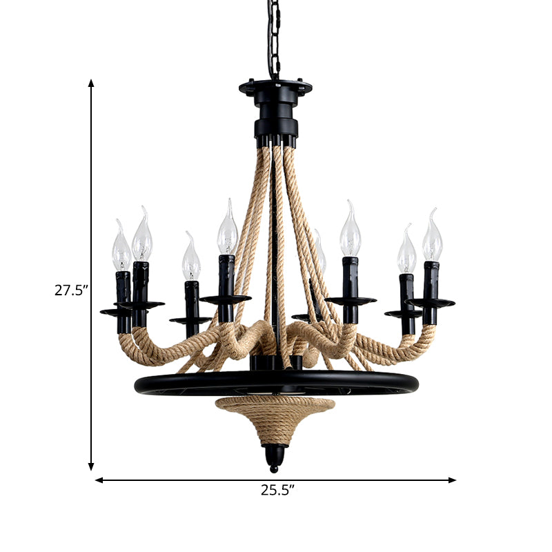 Rope Candle Hanging Chandelier Farmhouse 8 Bulbs Restaurant Pendant Light in Black with Wheel Design