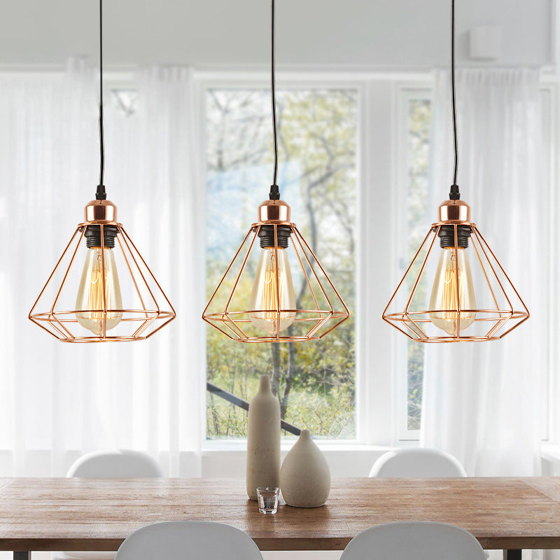 3 Heads Multi Hanging Light Iron Loft Style Dining Room Ceiling Lamp with Diamond Cage and Round/Linear Canopy, Rose Gold