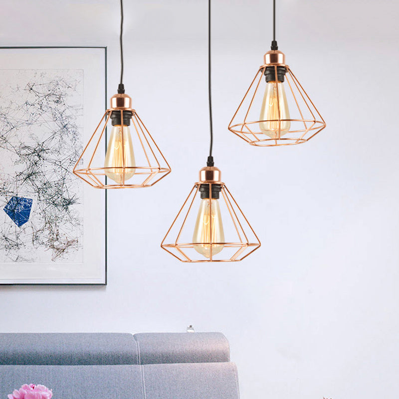 3 Heads Multi Hanging Light Iron Loft Style Dining Room Ceiling Lamp with Diamond Cage and Round/Linear Canopy, Rose Gold