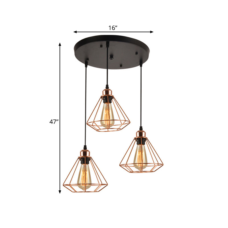 3 Heads Multi Hanging Light Iron Loft Style Dining Room Ceiling Lamp with Diamond Cage and Round/Linear Canopy, Rose Gold