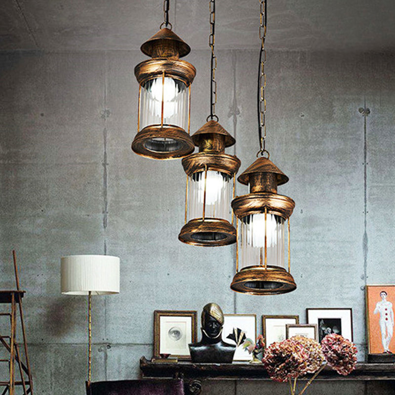 Coastal Kerosene Multi Ceiling Light 3-Head Metallic Pendant Lamp in Brass with Clear Ribbed Glass Shade