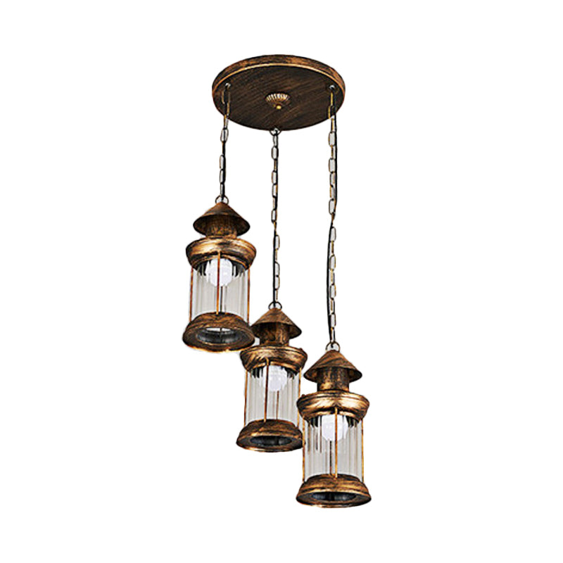 Coastal Kerosene Multi Ceiling Light 3-Head Metallic Pendant Lamp in Brass with Clear Ribbed Glass Shade