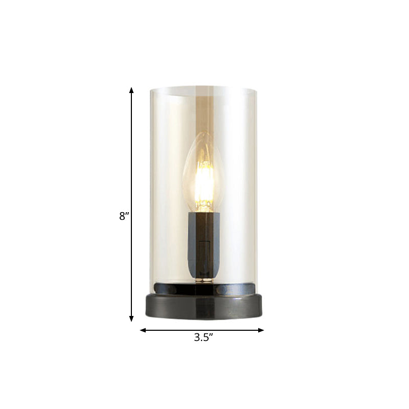 Black 1 Light Table Lighting Industrial Clear Glass Cylindrical Night Lamp for Living Room