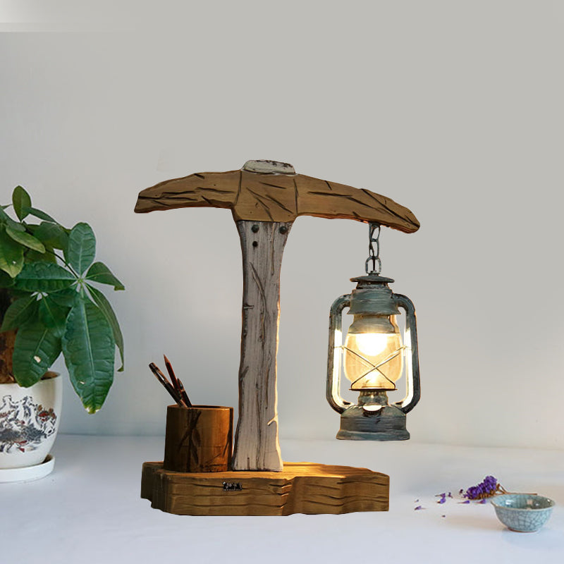 1 Head Axe Shaped Table Light Coastal Beige Wood Nightstand Lamp with Pen Container