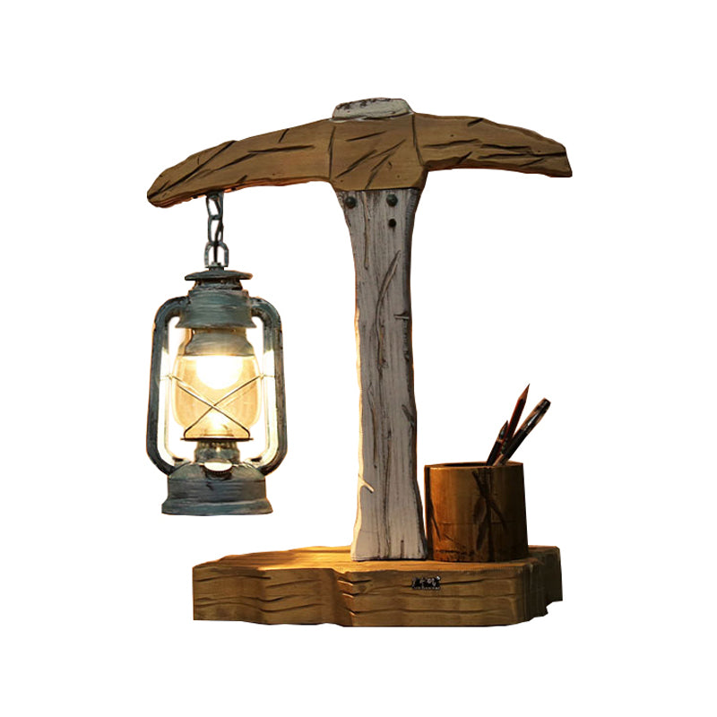 1 Head Axe Shaped Table Light Coastal Beige Wood Nightstand Lamp with Pen Container