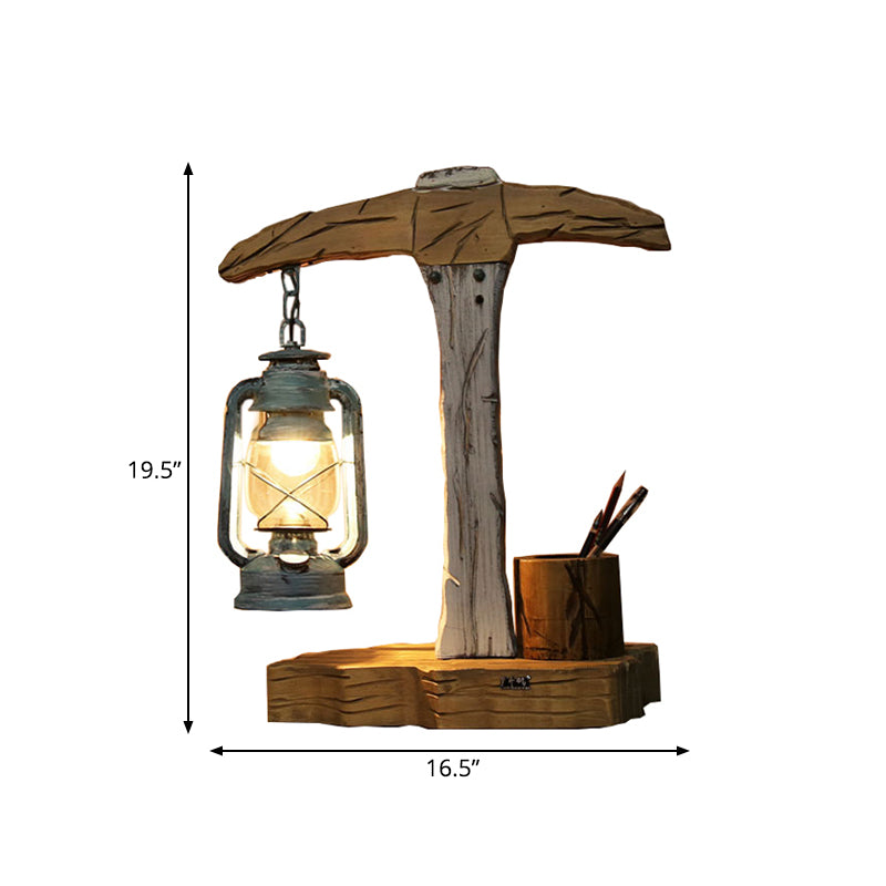 1 Head Axe Shaped Table Light Coastal Beige Wood Nightstand Lamp with Pen Container