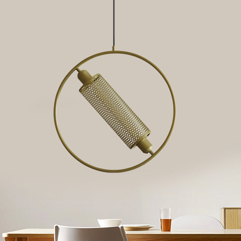 1 ampoule suspendue plafonnier lumière colonial cylindre en filet en filet en maille métallique avec anneau en noir / or, 14 "/ 18" de largeur
