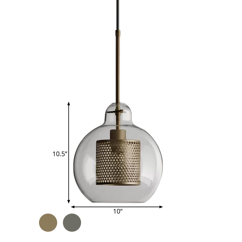 Clear Glass Globe Pendant Colonialism 1 Head Restaurant Down Lighting in Bronze/Silver Gray with Cylinder Metal Mesh, 10"/12" W