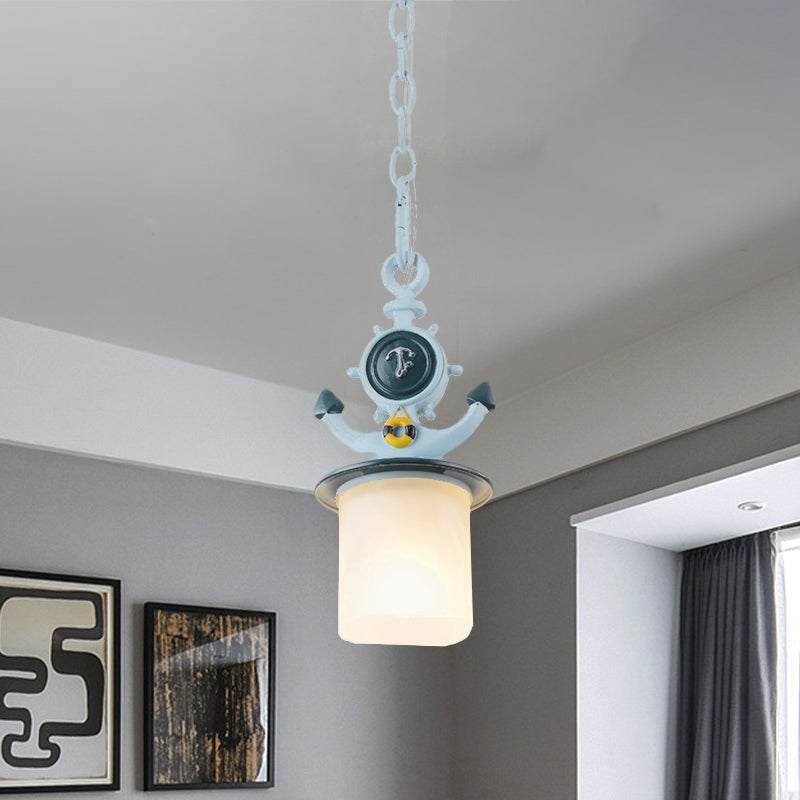 Cilindro Lámpara de colgante de vidrio esmerilado Niños de suspensión azul 1 cabeza con diseño de anclaje para sala de estar