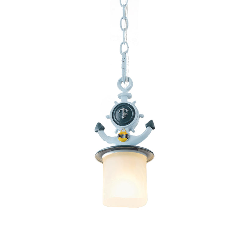 Cilinder Frosted Glass Pendant Light Kids 1 kop Blue Suspension Lamp met ankerontwerp voor woonkamer