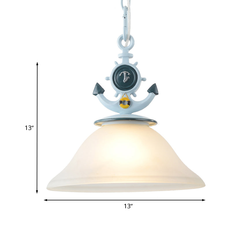 Frosted Glass Bell Hanging Light Kids 1 Light Blue Suspended Lighting Fixture with Anchor Decoration