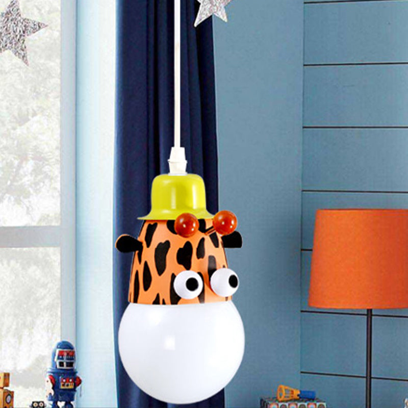 Kids Horse/Giraffe/Monkey Pendant Lamp White Glass 1-Head Children Bedroom Suspended Lighting Fixture