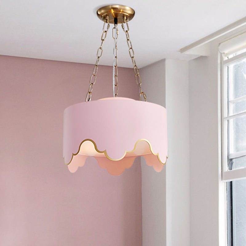 Drum Pendant Ceiling Light Kids Iron 1 Bulb Pink Suspension Lamp with Ruffled Edge for Nursery