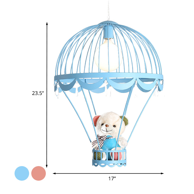 Hot Air Balloon Ceiling Light Kids Iron 1 Light Pink/Blue Hanging Pendant Lamp with Bear Decoration