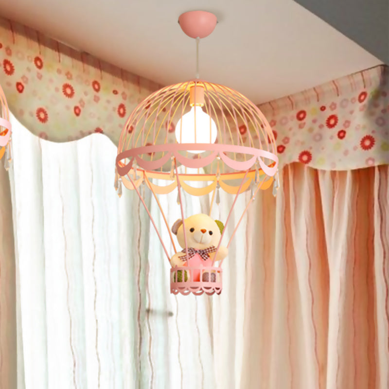 Hot Air Balloon Ceiling Light Kids Iron 1 Light Pink/Blue Hanging Pendant Lamp with Bear Decoration