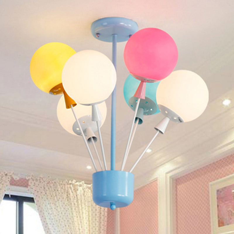 6 Lights Nursery Semi Flush Mount Kids Blue Ceiling Light with Balloon Pink-Yellow-Green Glass Shade