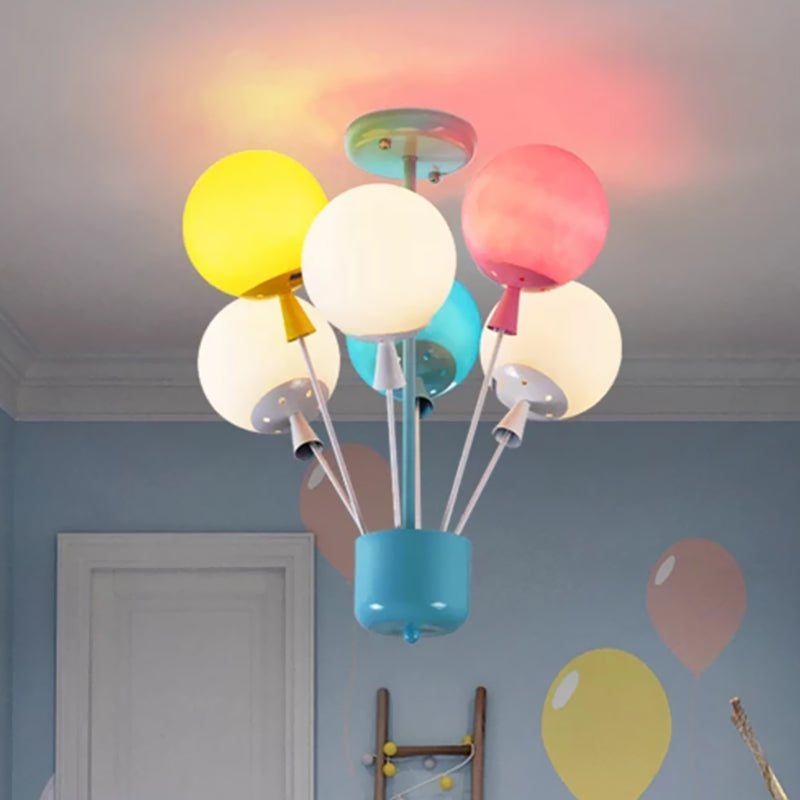 6 Lights Nursery Semi Flush Mount Kids Blue Ceiling Light with Balloon Pink-Yellow-Green Glass Shade