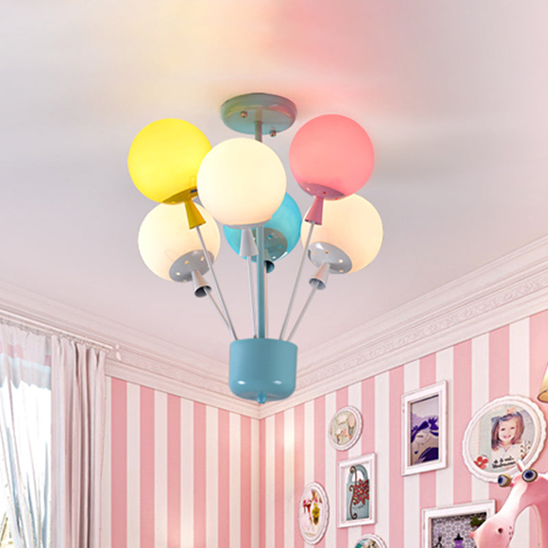 6 Lights Nursery Semi Flush Mount Kids Blue Ceiling Light with Balloon Pink-Yellow-Green Glass Shade