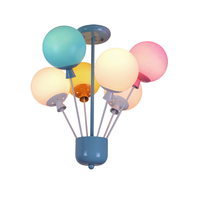 6 Lights Nursery Semi Flush Mount Kids Blue Ceiling Light with Balloon Pink-Yellow-Green Glass Shade