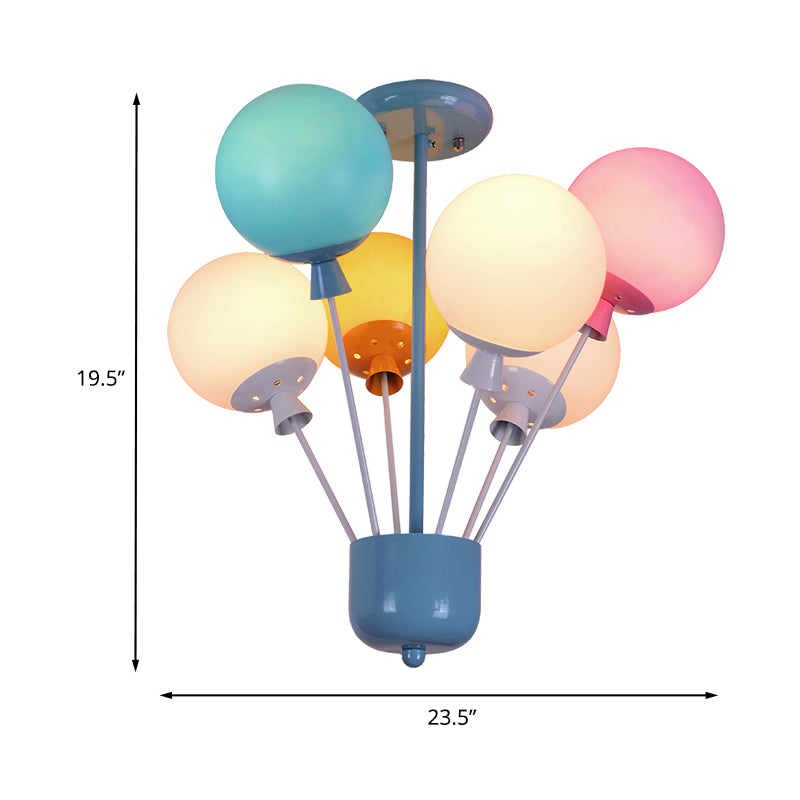 6 Lights Nursery Semi Flush Mount Kids Blue Ceiling Light with Balloon Pink-Yellow-Green Glass Shade