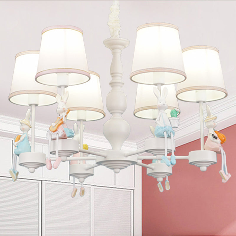 Cartoon konijn hars hangsel kroonluchter kinderen 5-head witte hangende lamp met taps toelopende stofschaduw