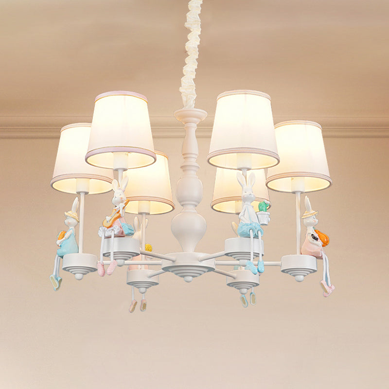 Lampadario a pendente a pendente in resina di coniglio cartone animato Kids Kids White Hanging lampada a 5 teste con tonalità in tessuto affusolato