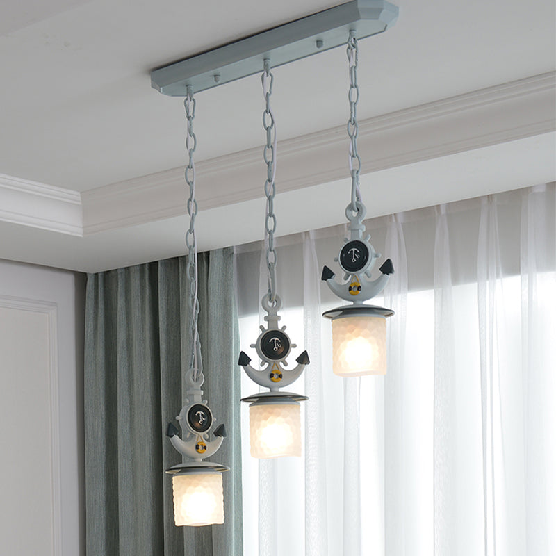 Kids Cylindrical Cluster Pendant Light Opal Glass 3 Bulbs Bedroom Down Lighting in Blue with Round/Linear Canopy