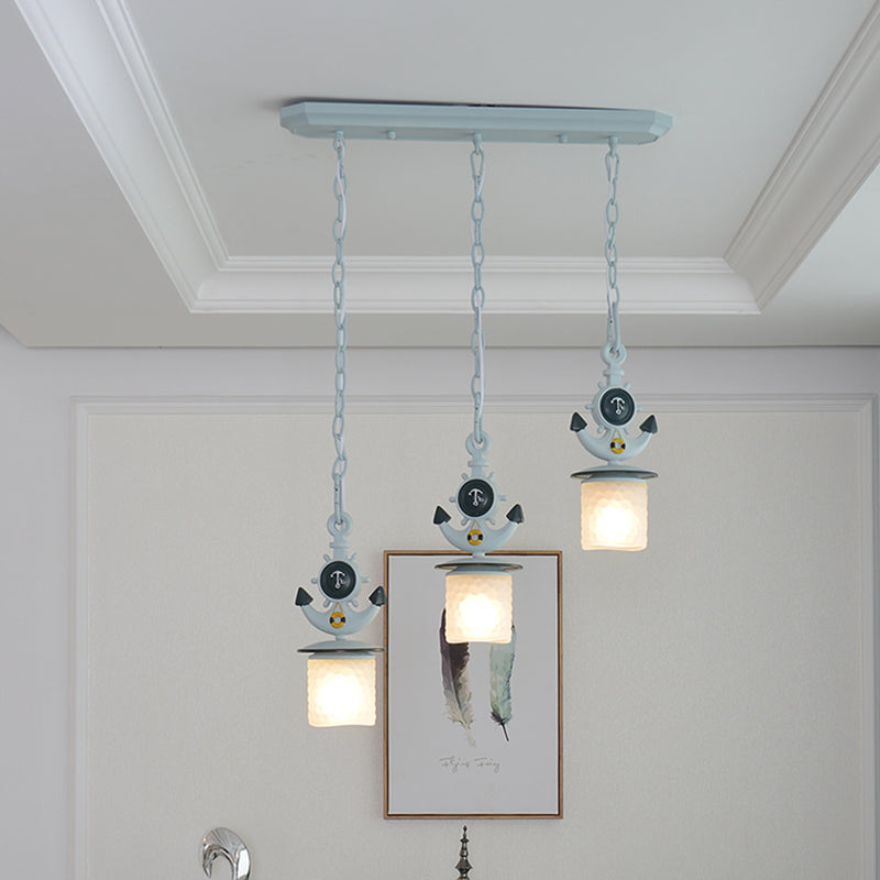 Kids Cylindrical Cluster Pendant Light Opal Glass 3 Bulbs Bedroom Down Lighting in Blue with Round/Linear Canopy