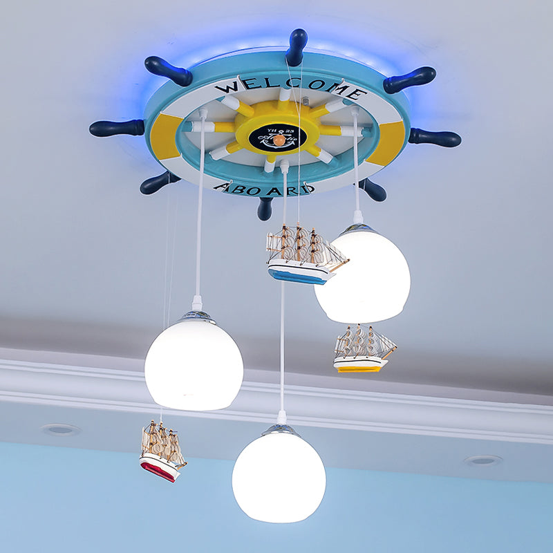 Cream Glass Rudder Cluster Pendant Kids 3-Bulb Light/Dark Blue Hanging Ceiling Light for Living Room