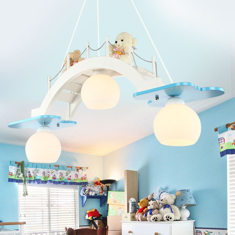 Bridge Nursery Cluster Pendant Lamp Wooden 3 Heads Kids Suspension Light in Blue/Pink with Cream Glass Shade