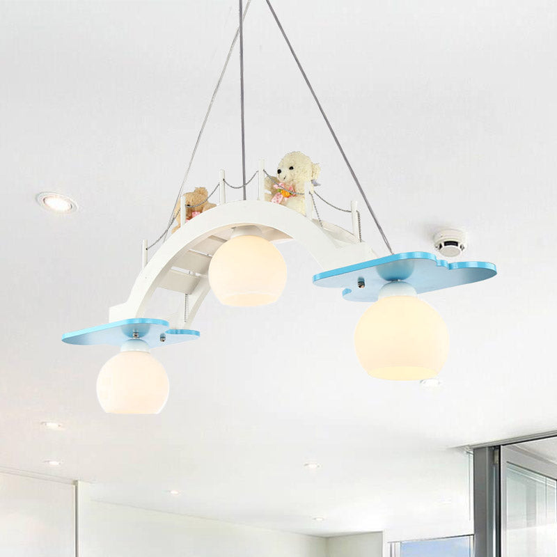 Bridge Nursery Cluster Pendant Lamp Wooden 3 Heads Kids Suspension Light in Blue/Pink with Cream Glass Shade