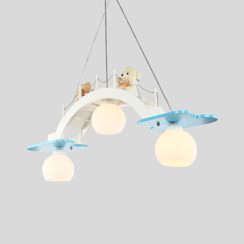 Bridge Nursery Cluster Pendant Lamp Wooden 3 Heads Kids Suspension Light in Blue/Pink with Cream Glass Shade