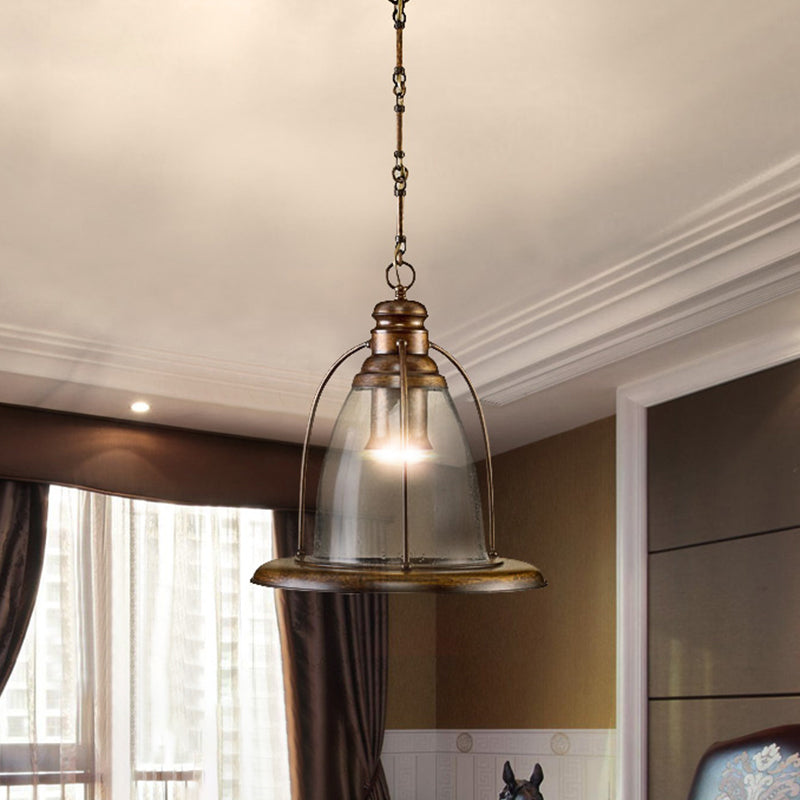 Brass 1-Light Ceiling Pendant Lamp Industrial Clear Glass Bell Hanging Light Fixture with Wire Cage