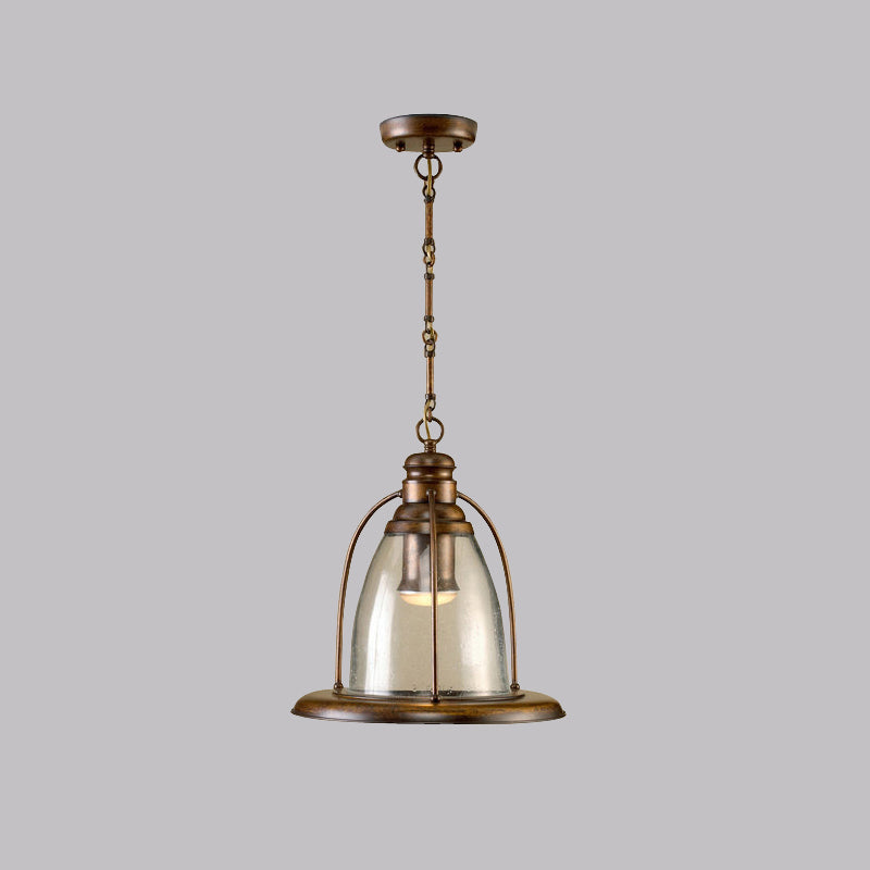 Brass 1-Light Ceiling Pendant Lamp Industrial Clear Glass Bell Hanging Light Fixture with Wire Cage