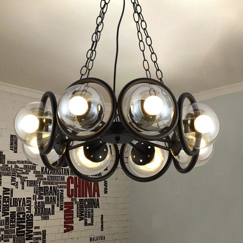 Black 6/8 Bulbes lustre Light Industrial Clear Glass Global Pendant Lighting Pending avec cage ronde