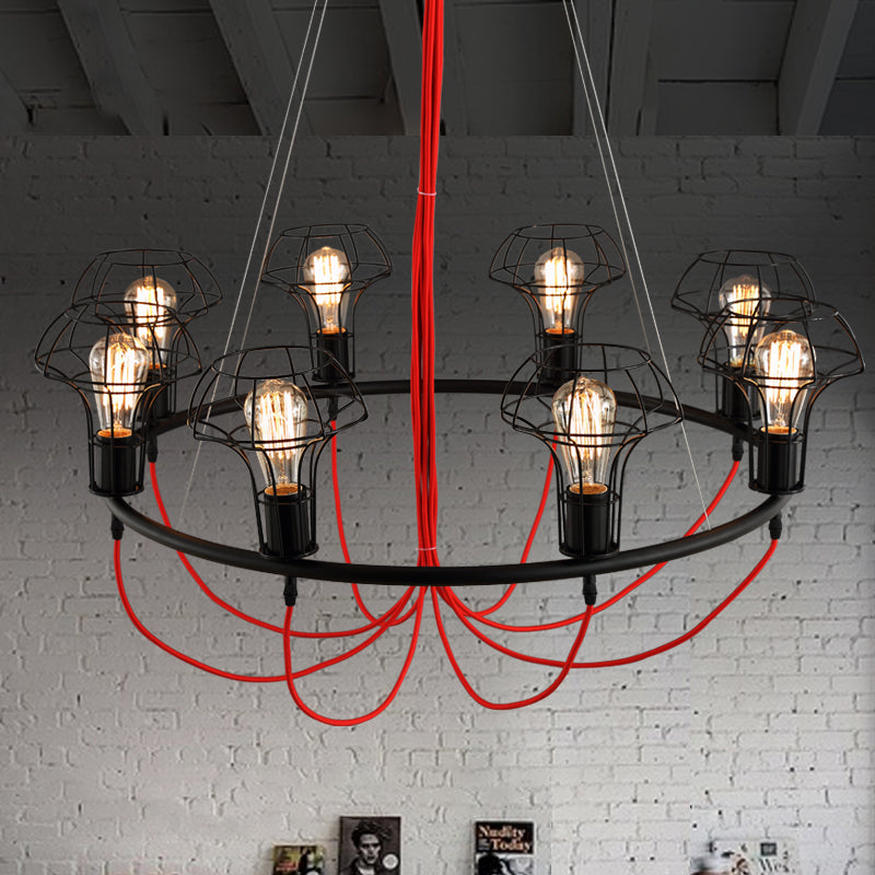 Iron Mushroom Cage Chandelier Light Industrial 8 Heads Restaurant Hanging Pendant Lamp in Black