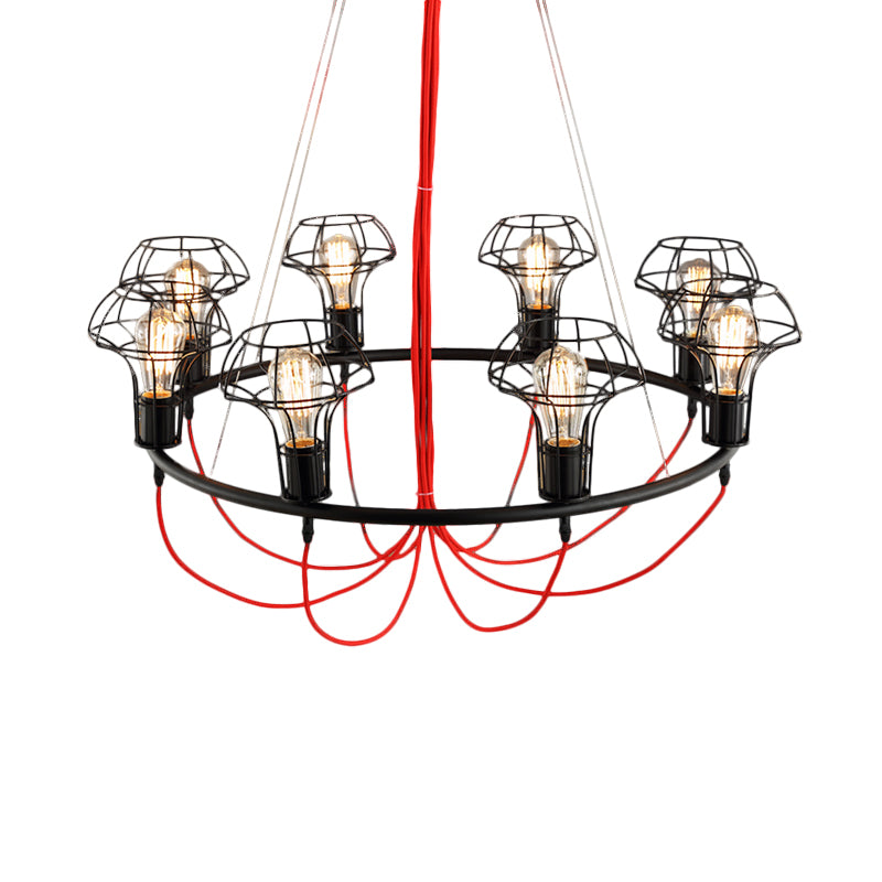 Iron Mushroom Cage Chandelier Light Industrial 8 Heads Restaurant Hanging Pendant Lamp in Black