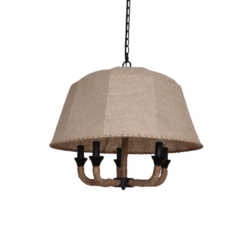 Vintage Domed Chandelier Light Fixture 5 Lights Fabric Suspension Lamp in Brown with Hemp Rope