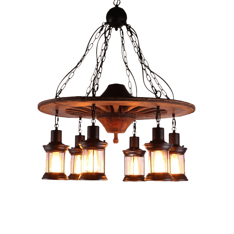 Wheel Restaurant Hanging Chandelier Antique Wooden 6 Heads Black Ceiling Light with Lantern Clear Glass Shade