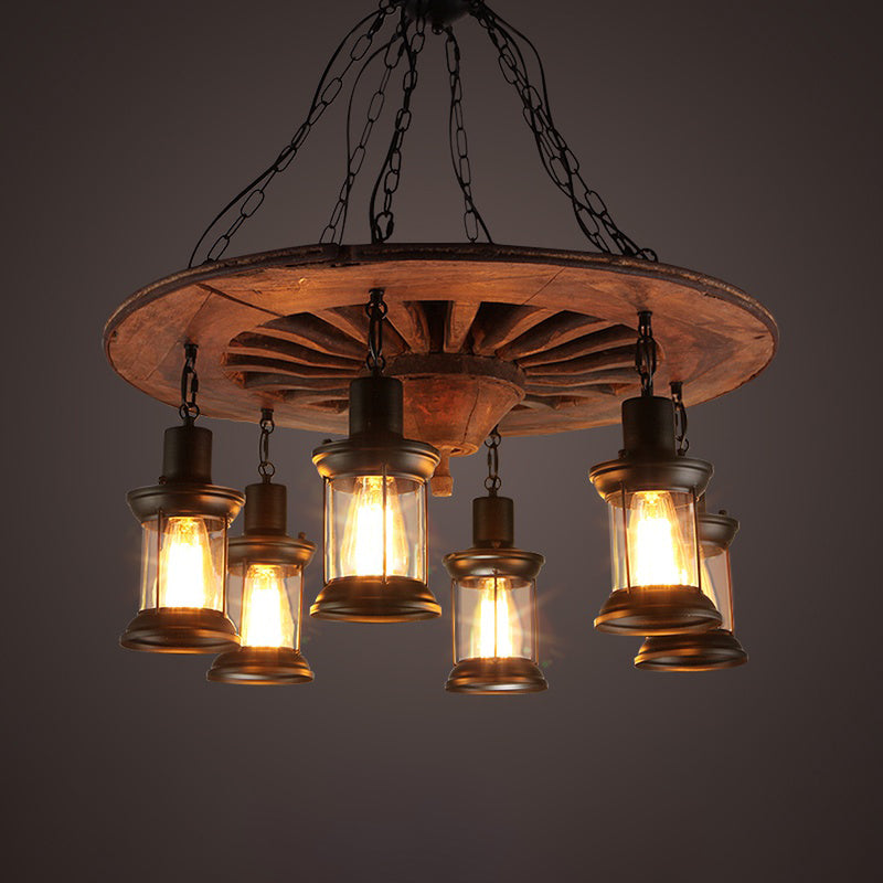 Wheel Restaurant Hanging Chandelier Antique Wooden 6 Heads Black Ceiling Light with Lantern Clear Glass Shade