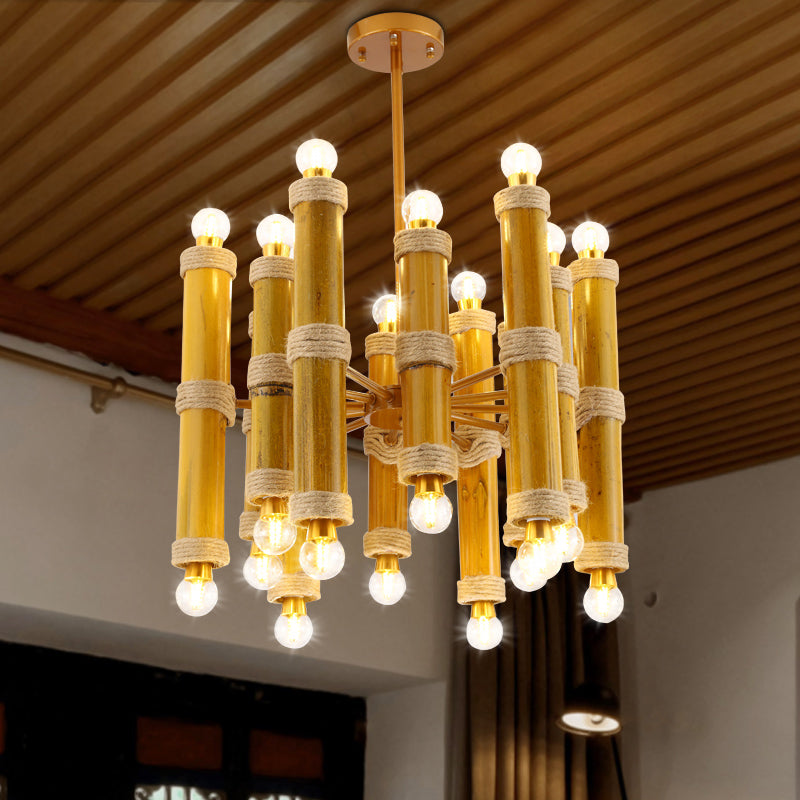 Bamboo Tube Rope Ceiling Chandelier Antique 24 Lights Living Room Pendant Lamp in Yellow