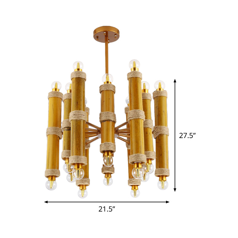 Bamboo Tube Rope Ceiling Chandelier Antique 24 Lights Living Room Pendant Lamp in Yellow