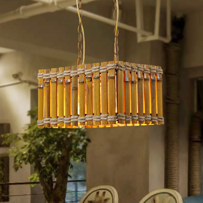 Bamboo Yellow Chandelier Lighting Rectangle 2 Bulbs Industrial Style Ceiling Hang Fixture with Rope