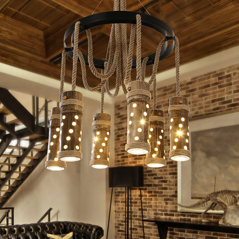 Black Cutout Tube Chandelier Light Industrial Bamboo 6 Bulbs Living Room Drop Lamp with Rope
