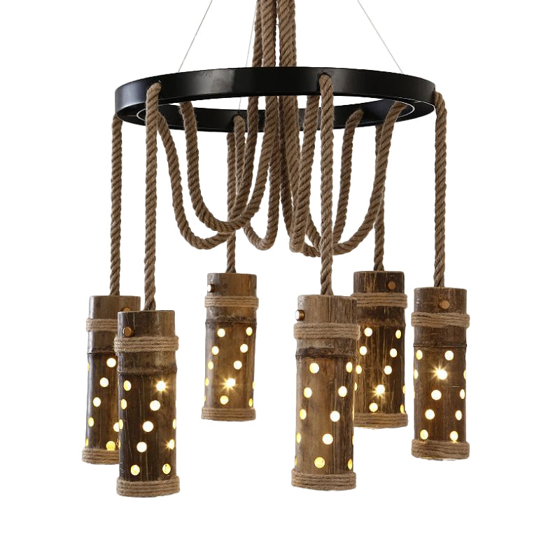 Black Cutout Tube Chandelier Light Industrial Bamboo 6 Bulbs Living Room Drop Lamp with Rope