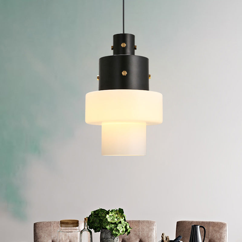 Column Bedroom Ceiling Pendant Light Industrial  Style White Glass 1 Head Black Down Lighting