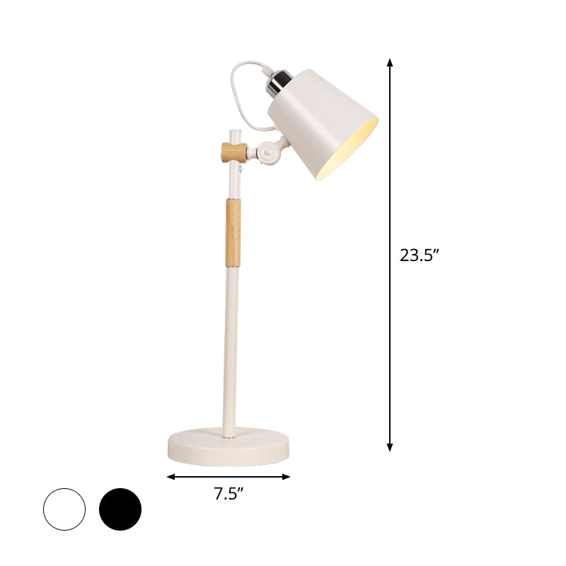 Metal Bucket Night Lighting Industrial 1 Bulb Living Room Table Light with Wooden Arm in Black/White