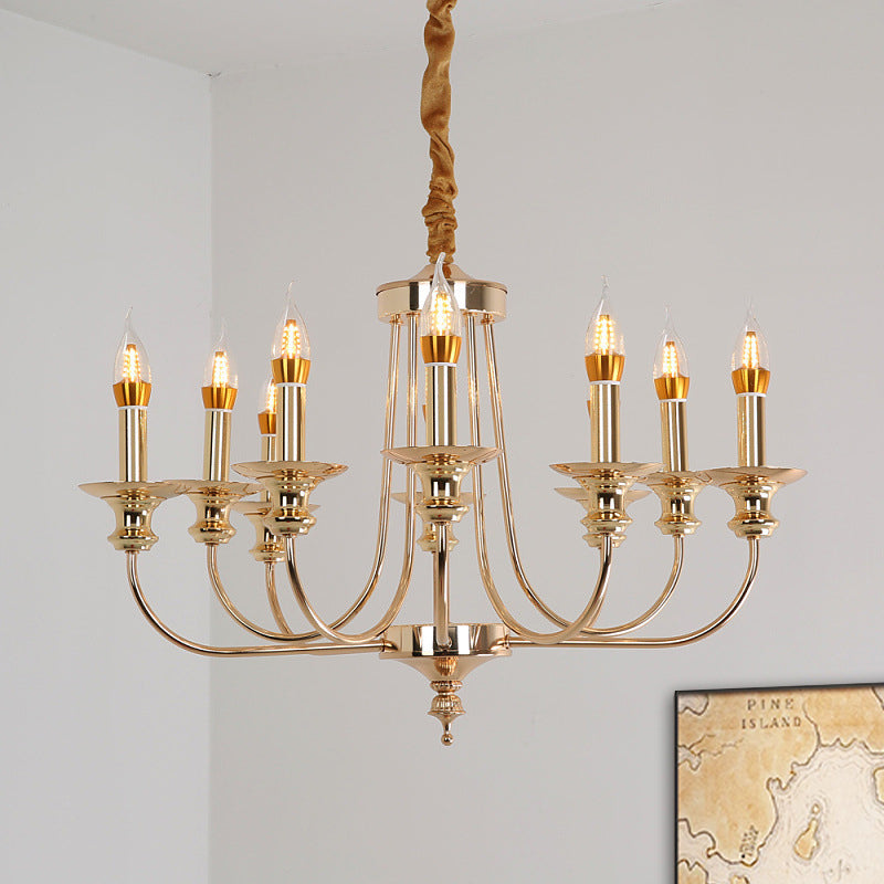 Candelabra Living Room Chandelier Light Fixture Colonialist Metal 10 Lights Gold Drop Pendant with Curvy Arm