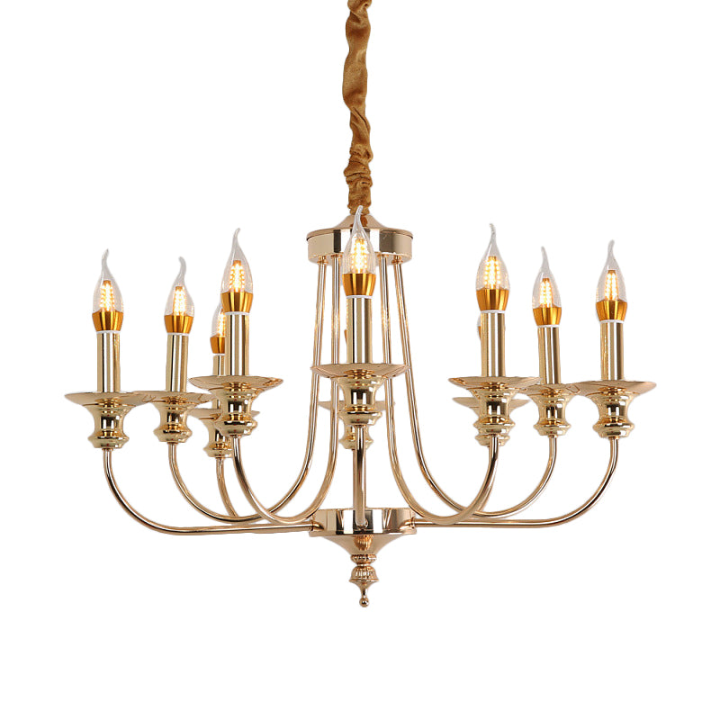 Candelabra Living Room Chandelier Light Fixture Colonialist Metal 10 Lights Gold Drop Pendant with Curvy Arm